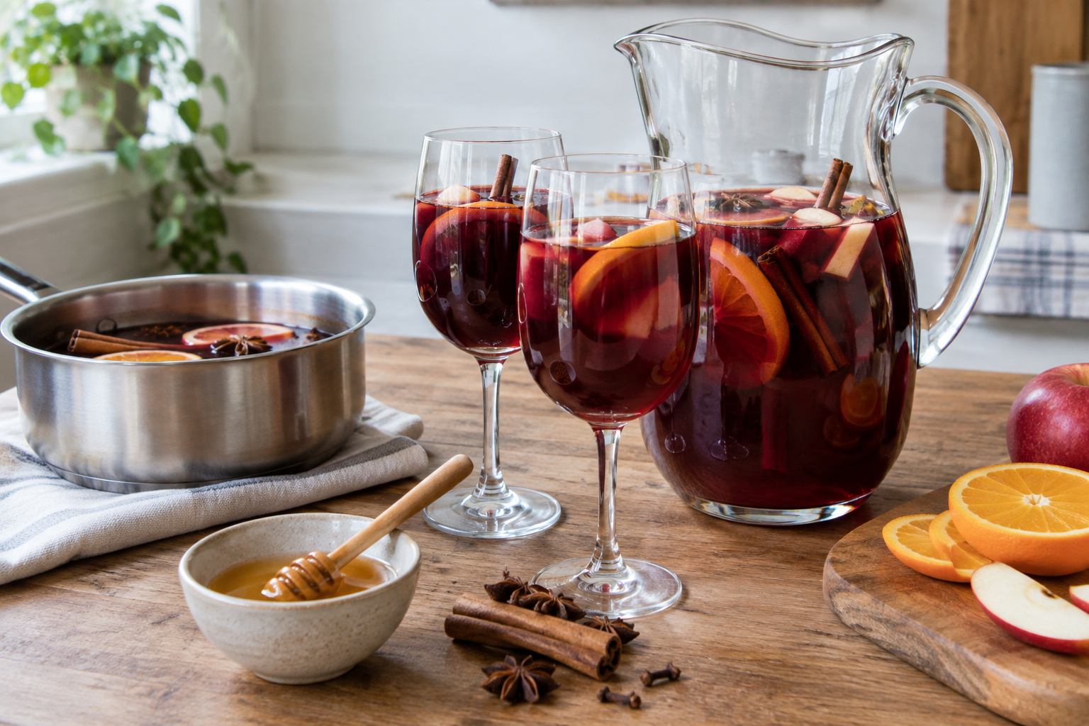 Mulled wine sangria in mugs with orange slices, star anise, and cinnamon sticks