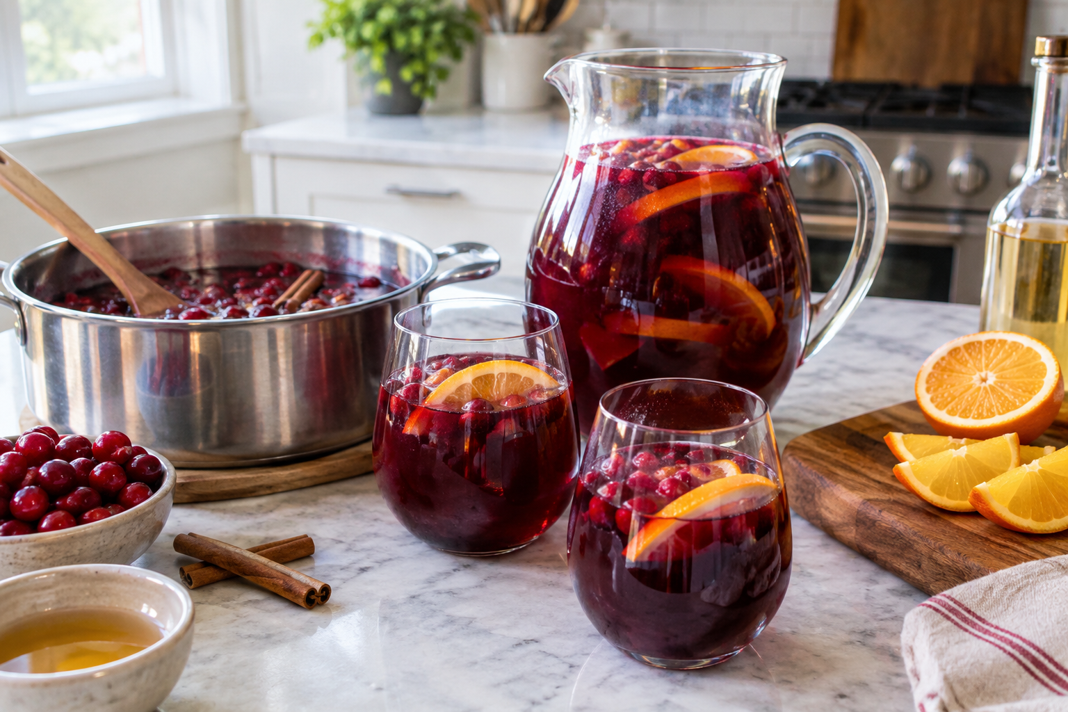 Winter sangria in a pitcher with cranberries, orange slices, and a cinnamon stick garnish