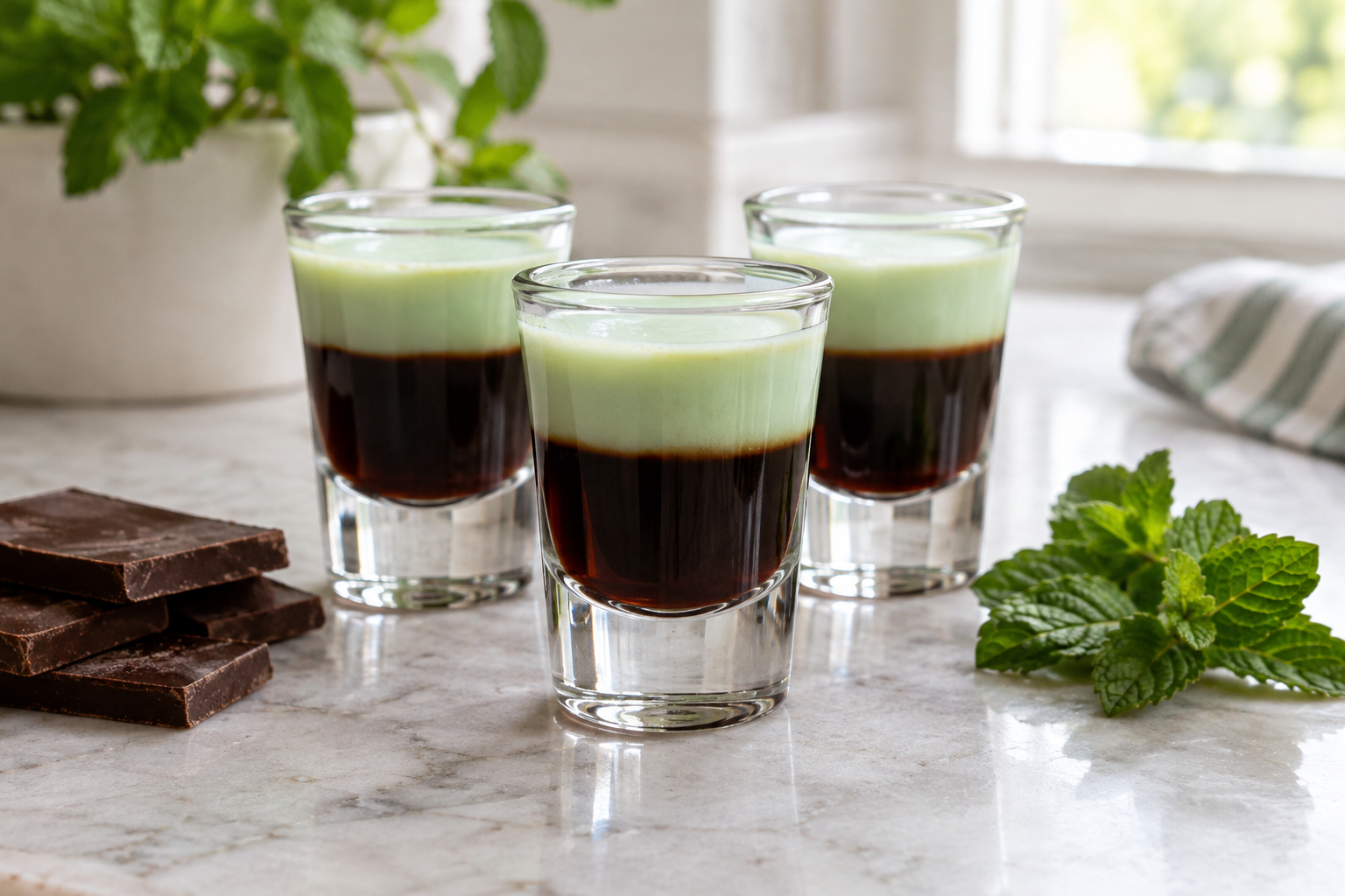 Peppermint patty shot in a chilled glass with dark chocolate and mint layers