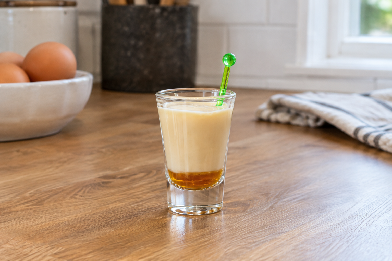 Eggnog shot in a glass showing brandy layer beneath eggnog with a small stirrer