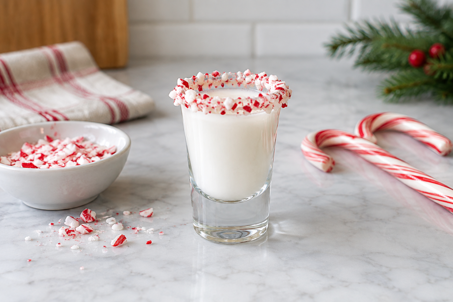 Candy cane shot in a glass rimmed with crushed candy canes and creamy peppermint liquid