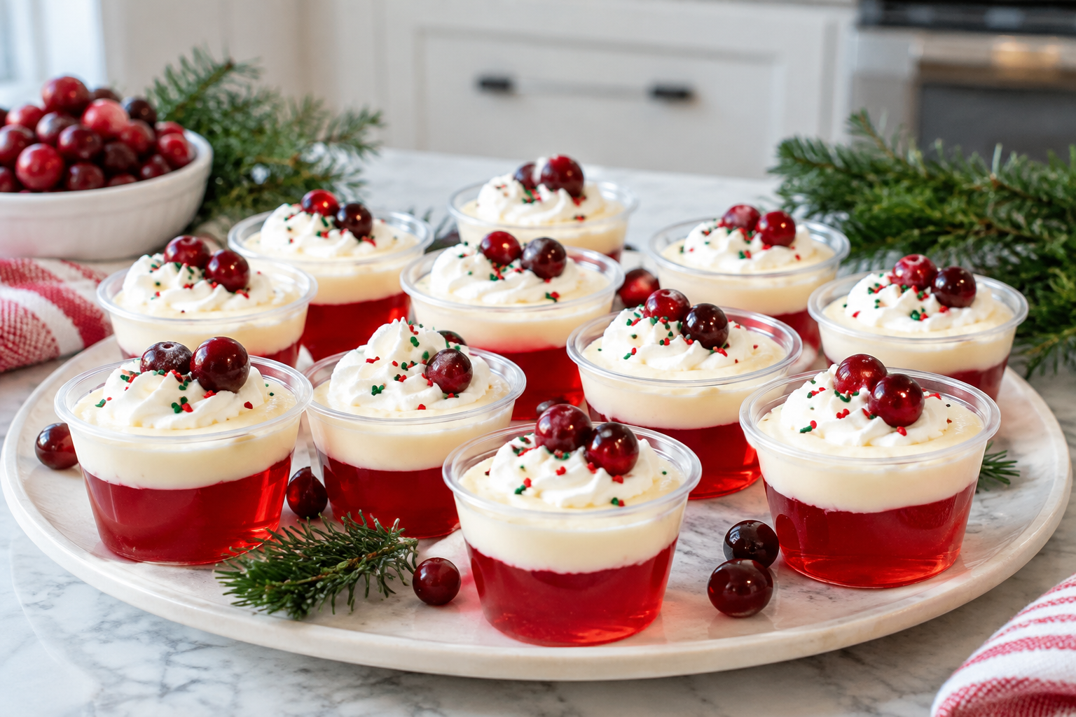 Christmas jello shots in small cups with red gelatin layer and white cream topping