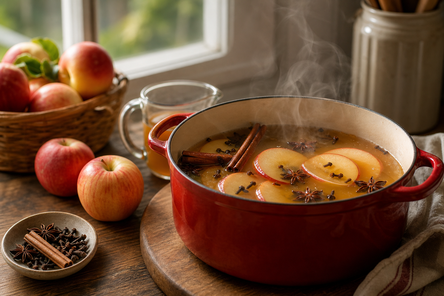 Hot spiked apple cider with rum in a clear glass mug, cinnamon stick garnish, steam rising
