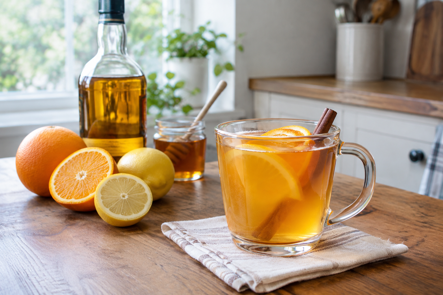 Clear glass mug of Irish whiskey hot toddy with lemon slice studded with cloves, steam rising from the amber liquid