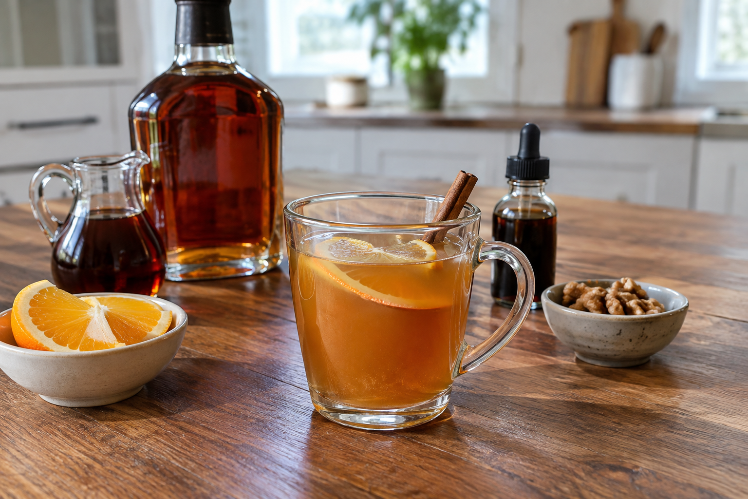 Glass mug of bourbon hot toddy with maple syrup, garnished with an orange wheel, sitting on a wooden board