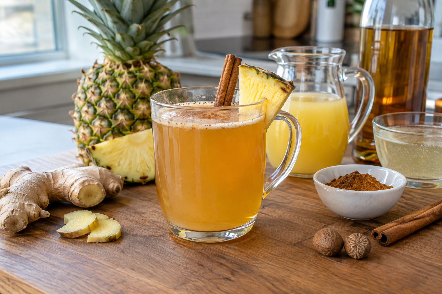 Spiced rum hot toddy in a clear mug with pineapple juice and ginger ale, cinnamon stick and nutmeg visible