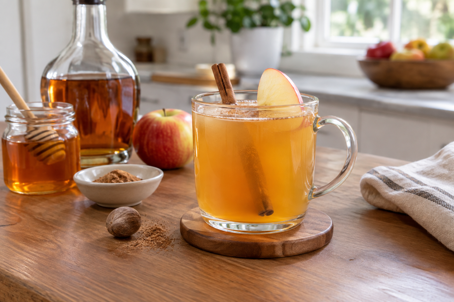 Brandy hot toddy in a stemmed glass mug, honey-colored liquid with a cinnamon stick and star anise garnish