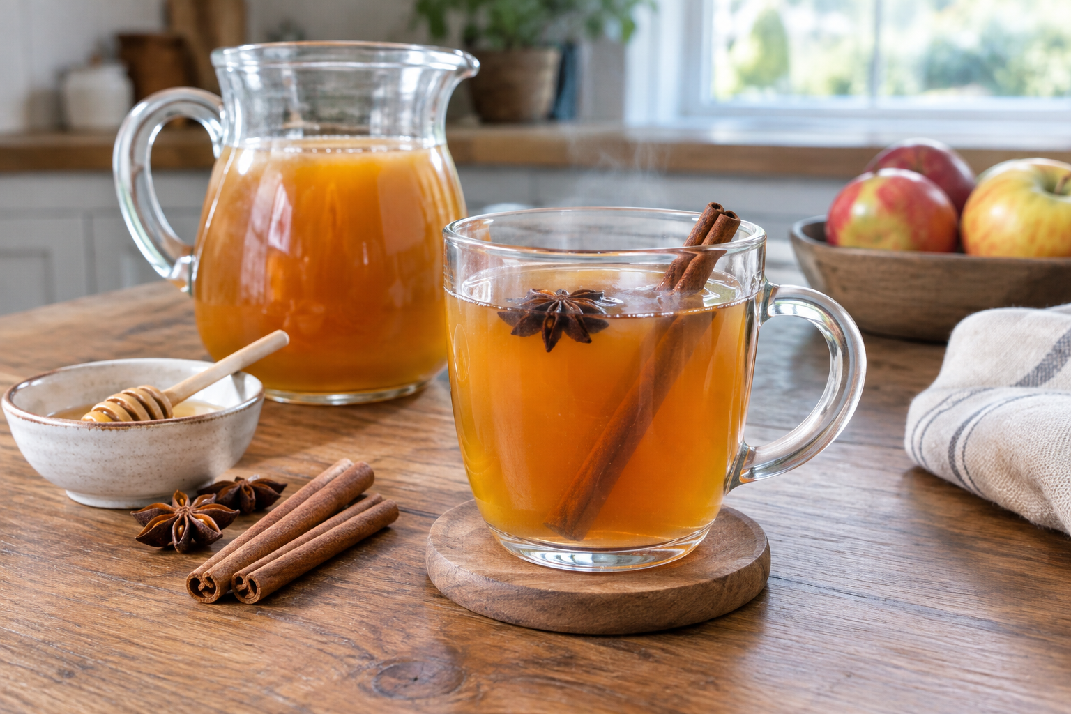 Apple cider hot toddy in a ceramic mug with whiskey, star anise and cinnamon sticks floating in the amber liquid