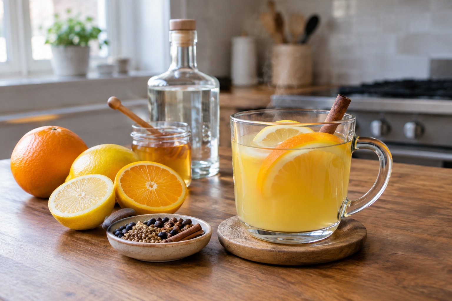 Gin hot toddy in a clear glass with lemon and orange slices, whole spices visible in the pale golden liquid