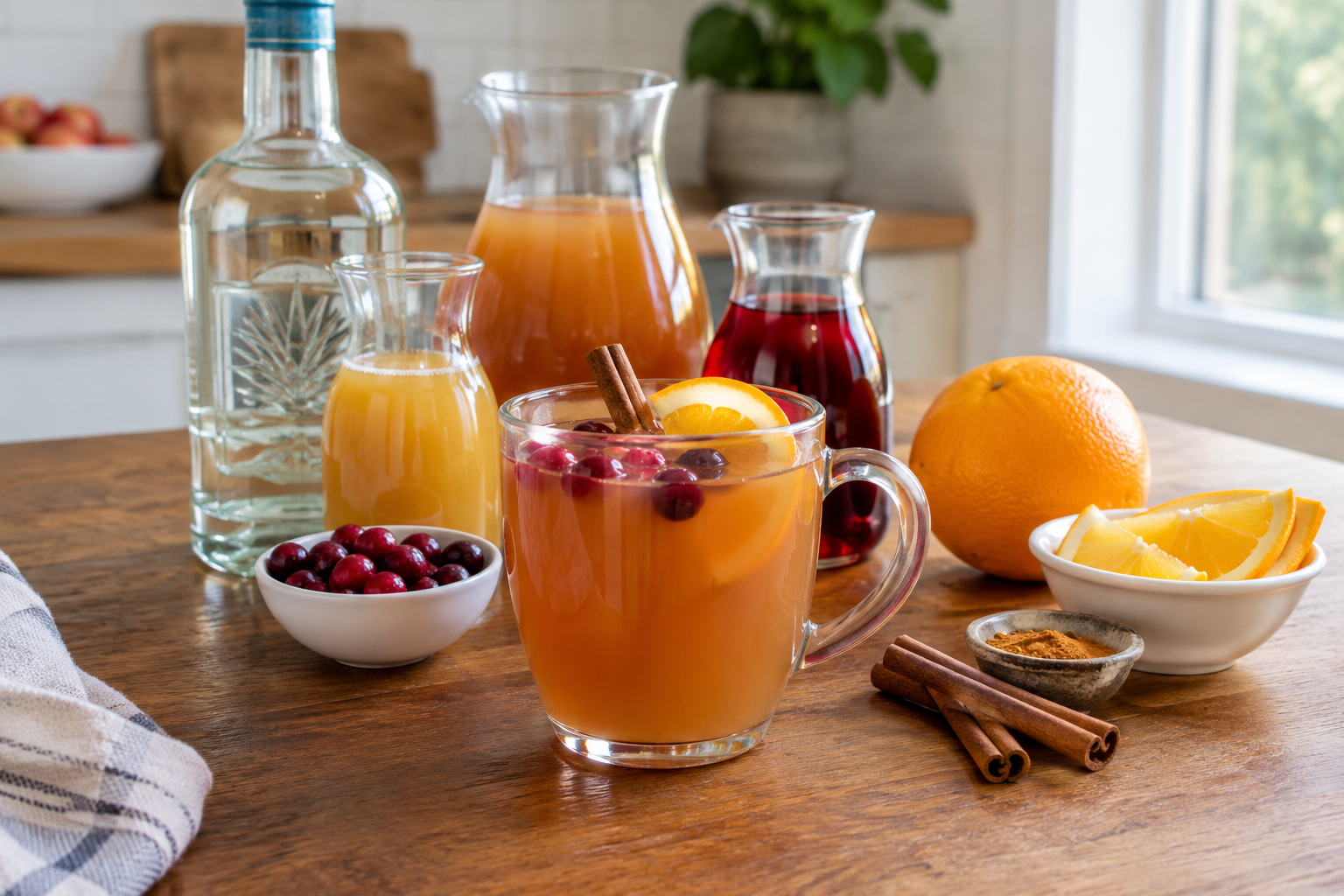 Tequila hot toddy in a glass mug with cranberry juice and apple cider, garnished with an orange slice