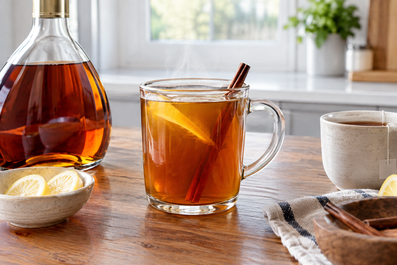 Cognac hot toddy in an elegant glass mug, dark amber liquid with a lemon twist and steam rising