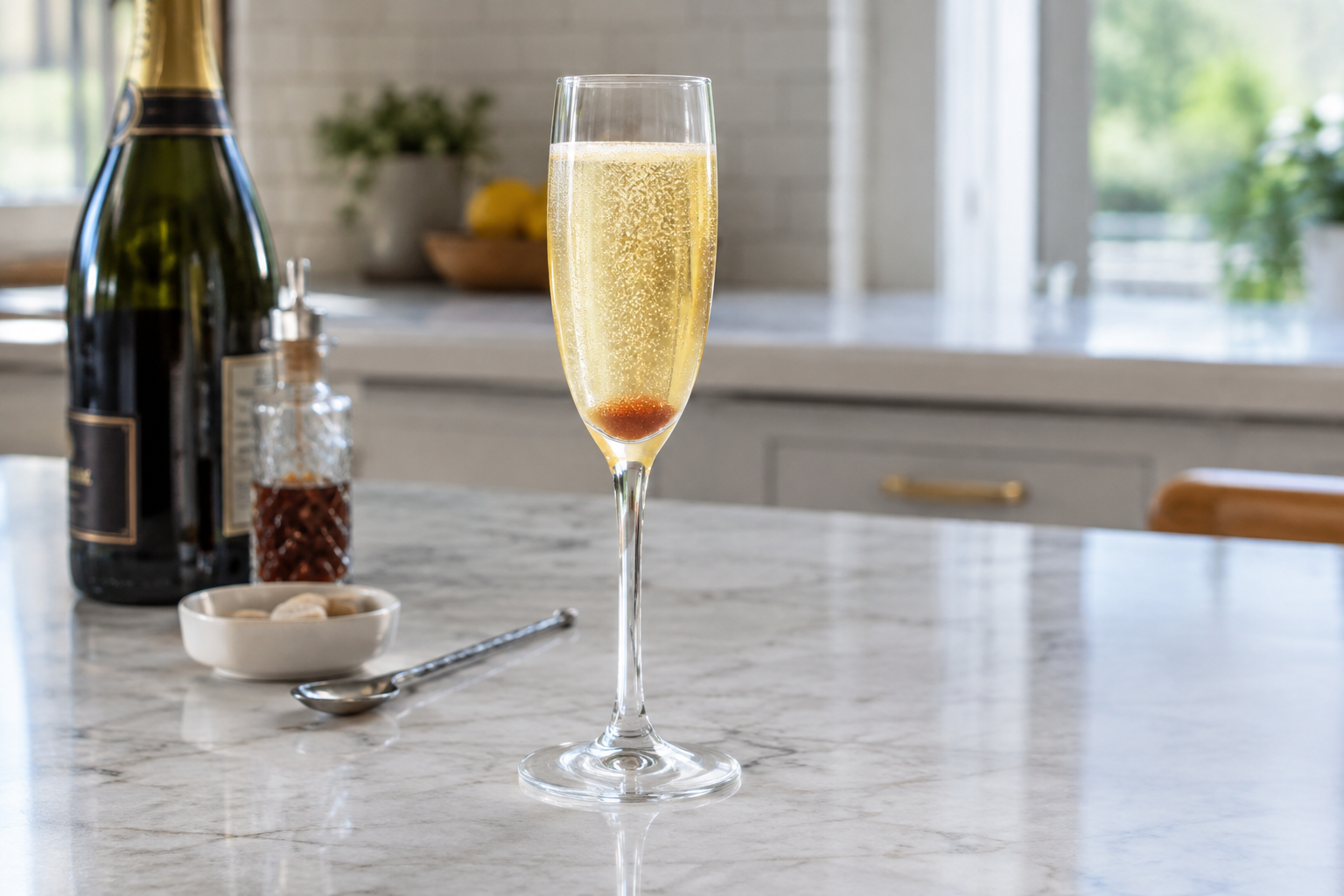 classic champagne cocktail in a flute with a sugar cube at the bottom and cognac