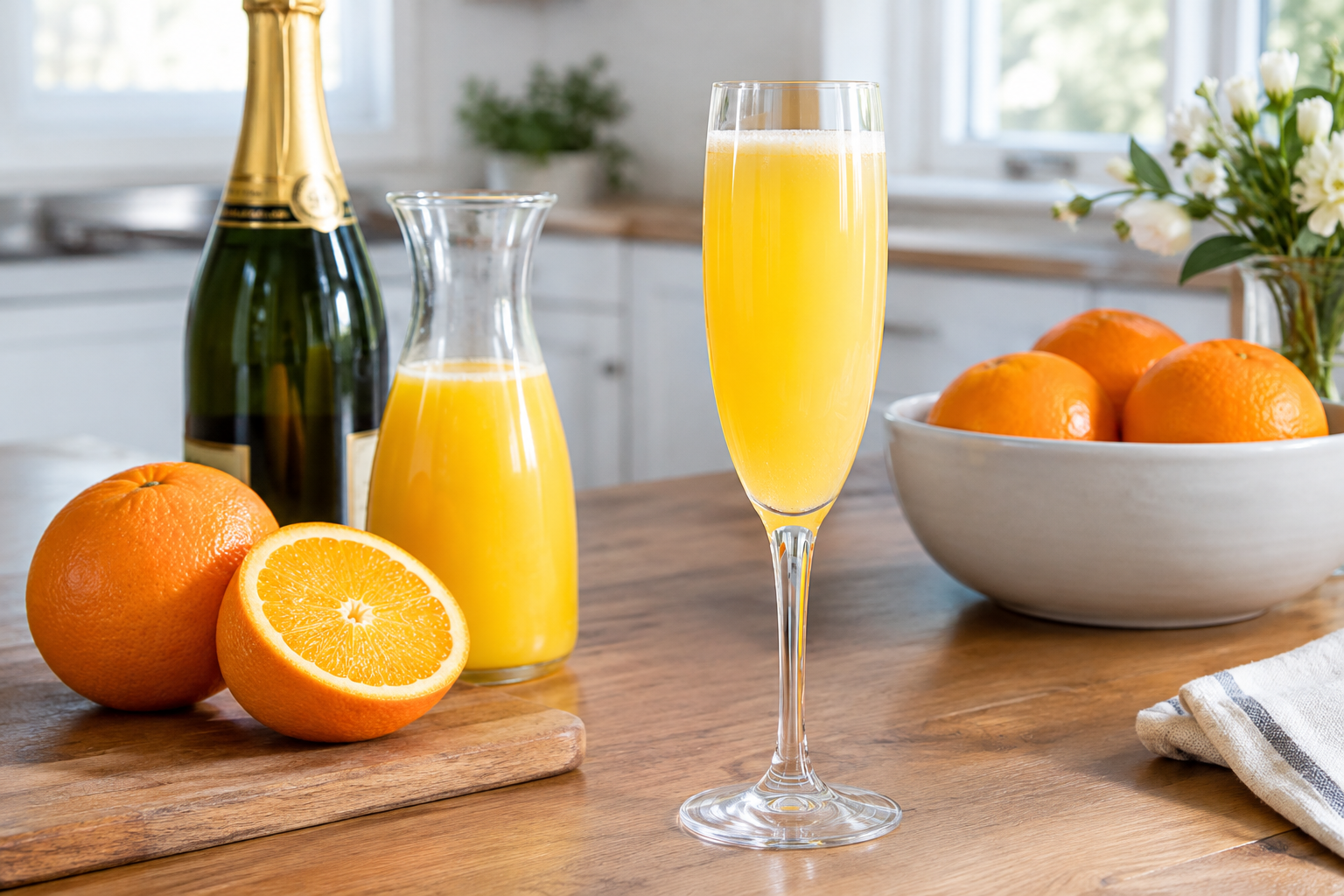 mimosa in a champagne flute with fresh orange juice and sparkling wine