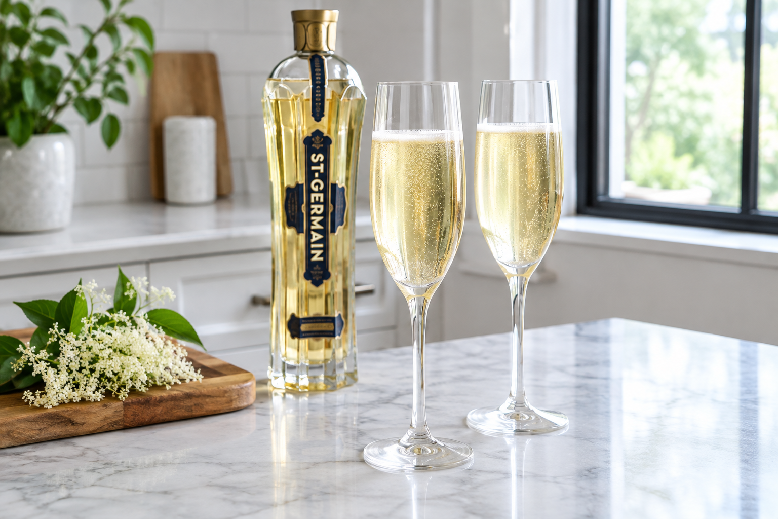 st. germain champagne cocktail in a flute with elderflower liqueur