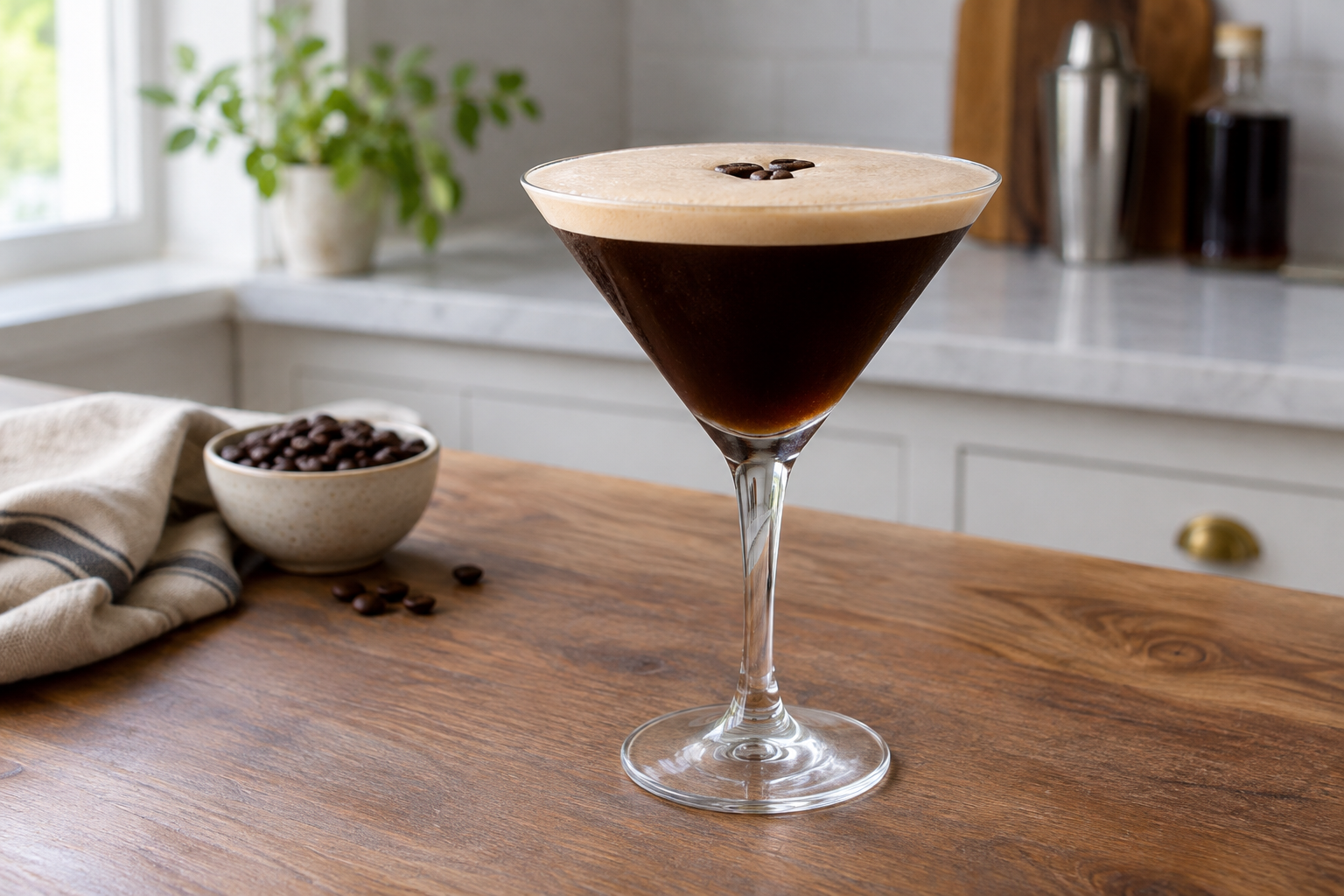 Classic espresso martini in a coupe glass with dense foam and three coffee beans on top