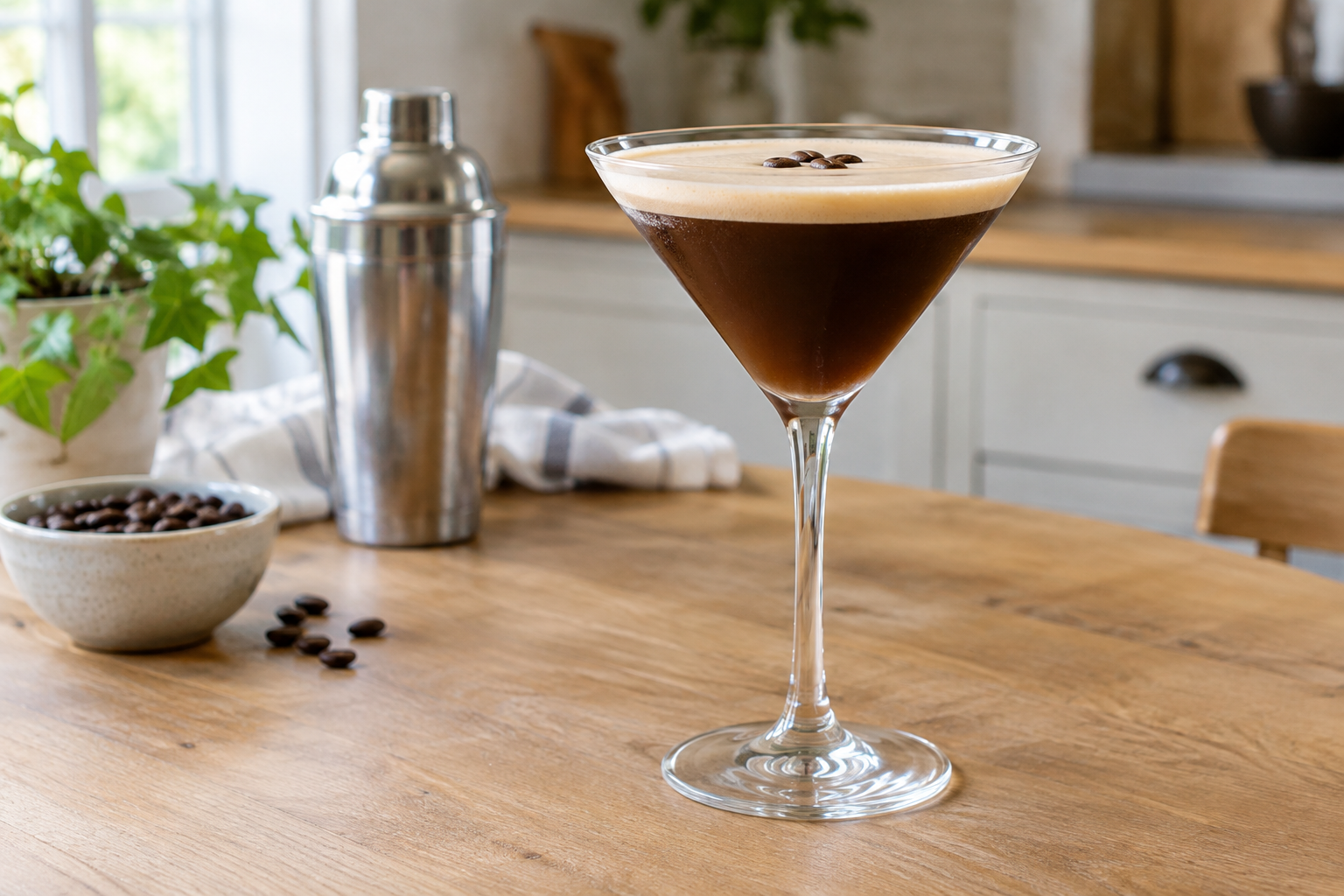 Irish cream espresso martini in a coupe glass with lighter-colored foam and cream swirls
