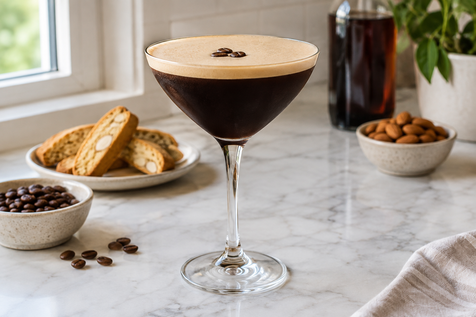 Amaretto espresso martini in a coupe glass with foam and an almond biscotti on the side
