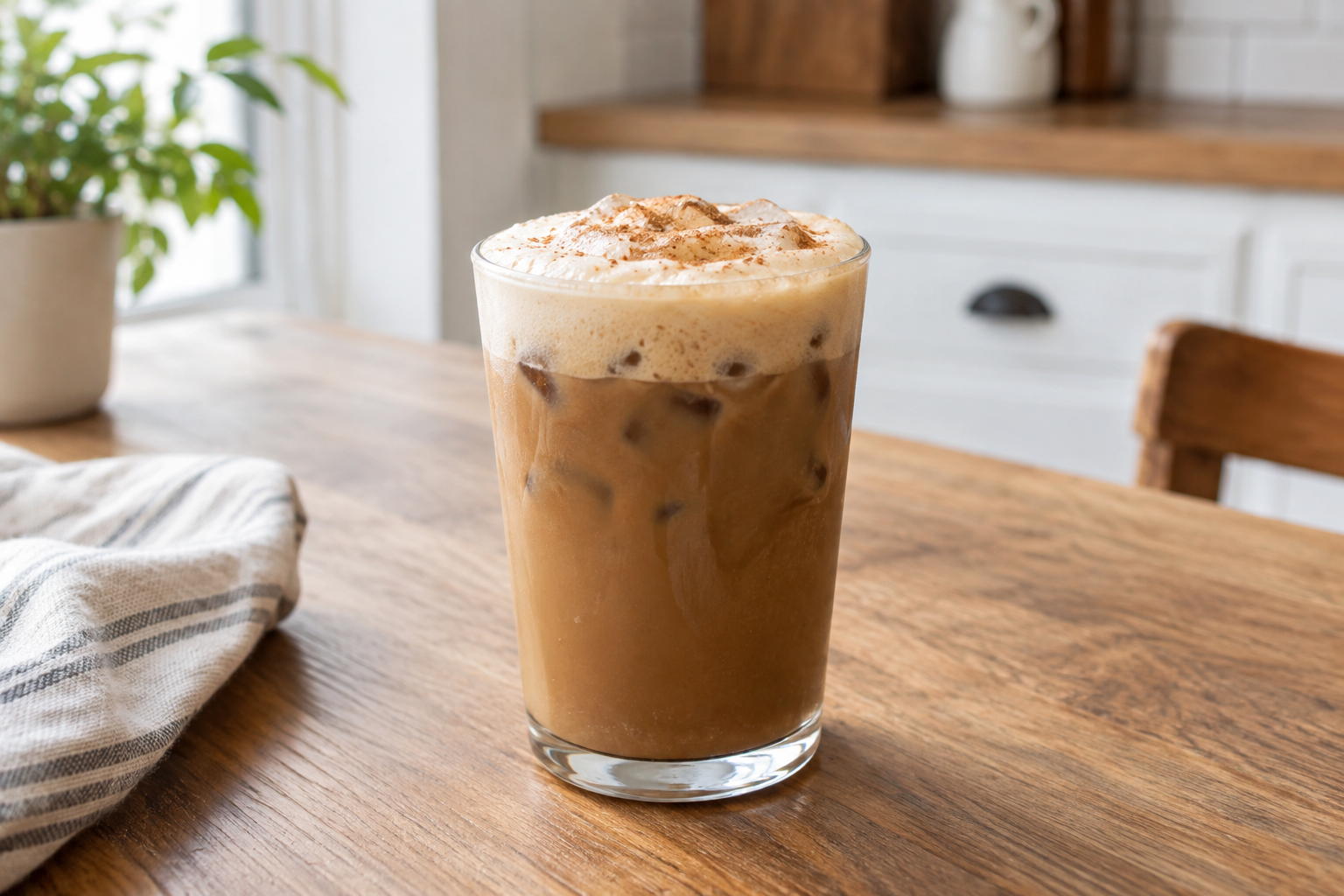 French Toast Iced Latte in a tall glass with foam on top, cinnamon stick garnish, on a wooden table