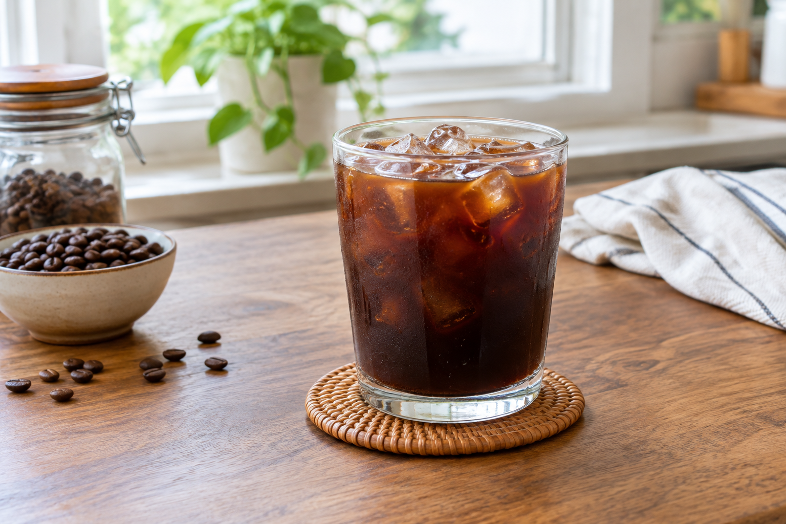 Vietnamese iced coffee in a clear glass showing layers of dark coffee and condensed milk with ice