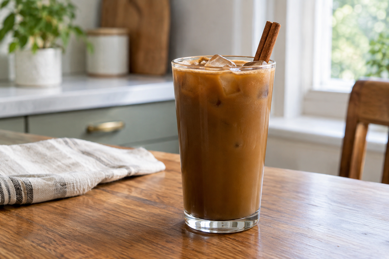 Cinnamon Dolce iced coffee in a glass with whipped cream and cinnamon stick on a kitchen counter