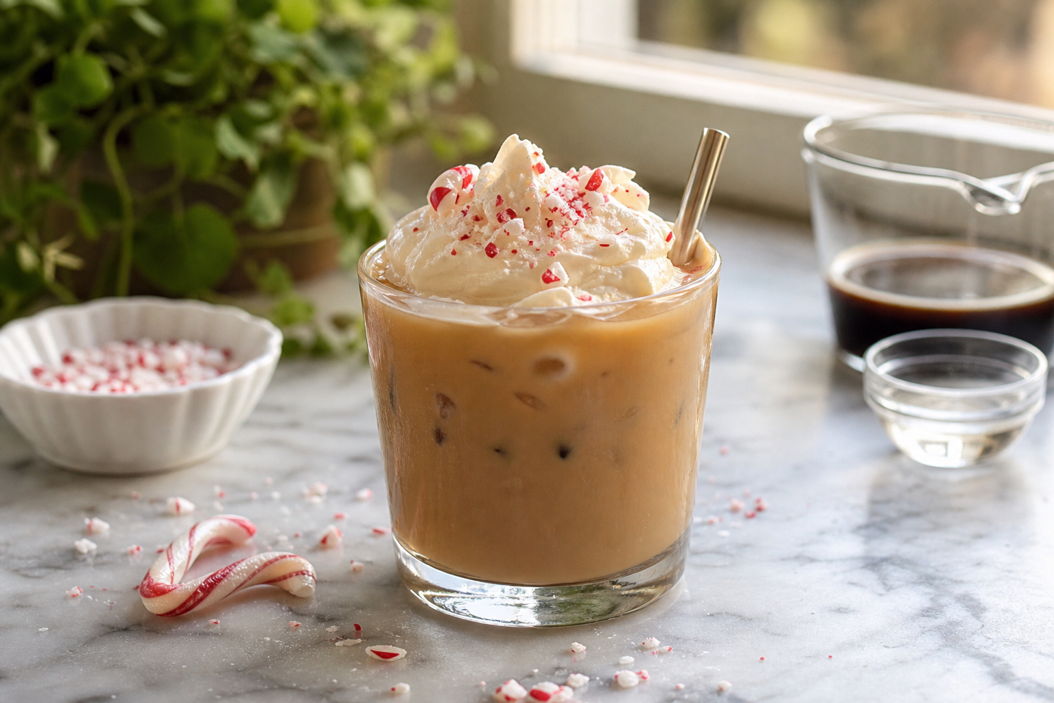 Peppermint white Russian in a rocks glass with cream floating on top