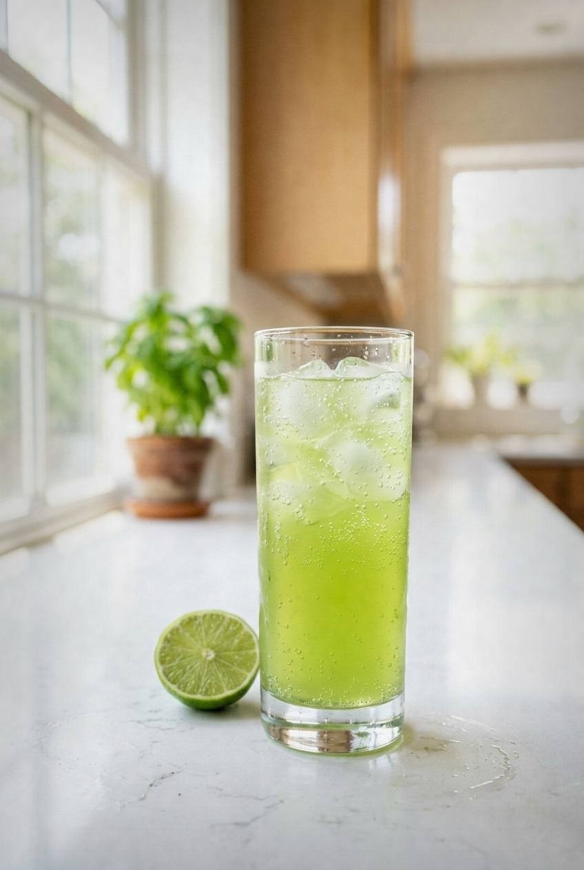 Overhead view of finished holy basil cooler in clear glass with ice, lime wheels, fresh tulsi leaves floating, bubbles from sparkling water, on white linen with scattered holy basil leaves