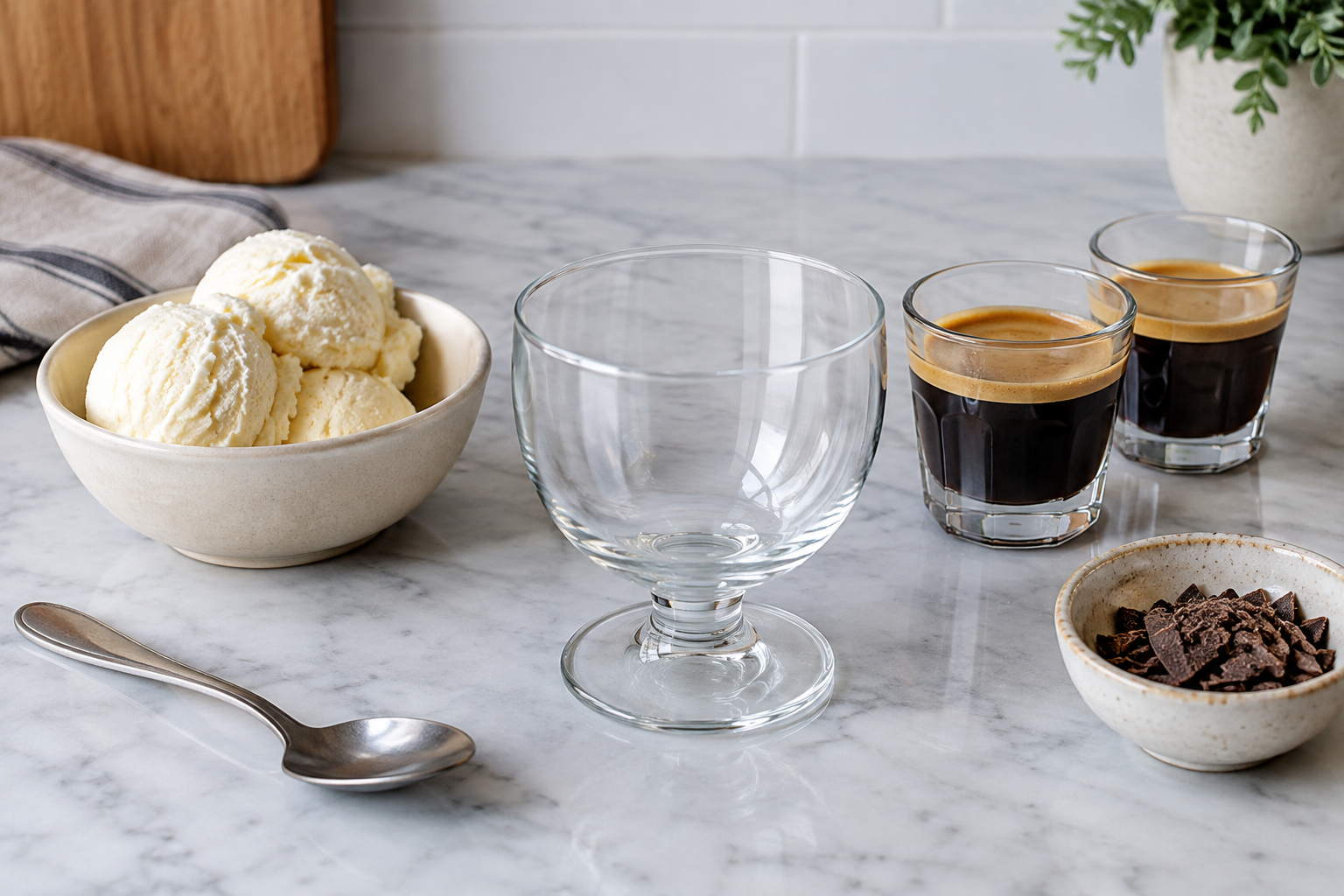 Vanilla gelato scoops and espresso shots in small glasses on a counter, ingredients measured and ready