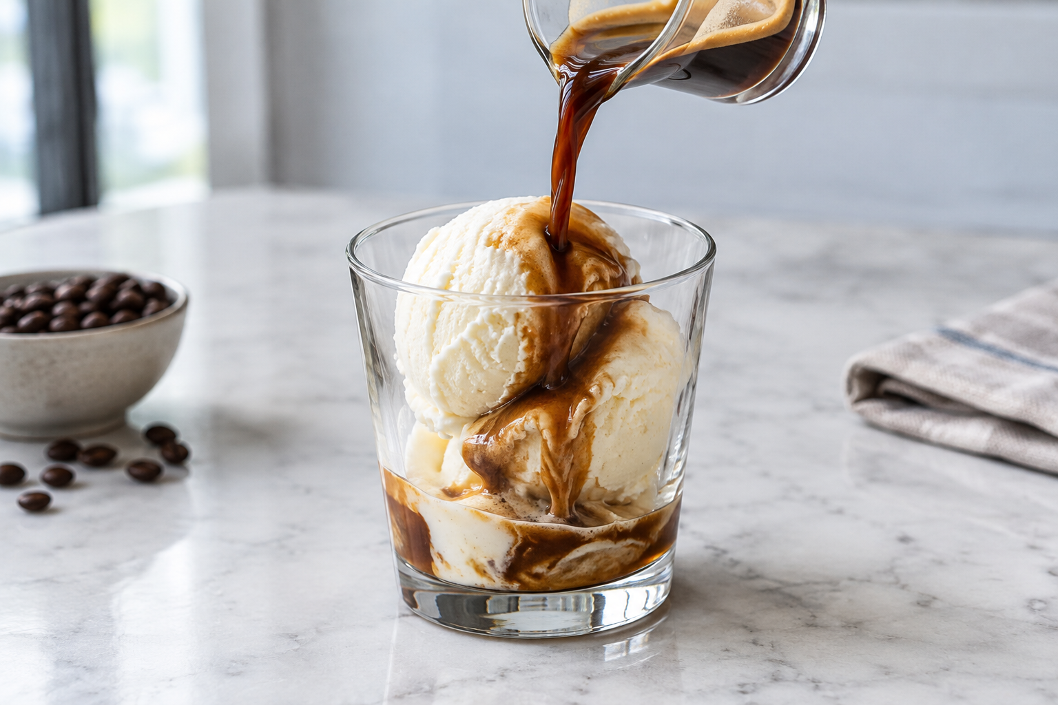Hot espresso being poured over vanilla gelato in a glass, liquid in motion creating swirls