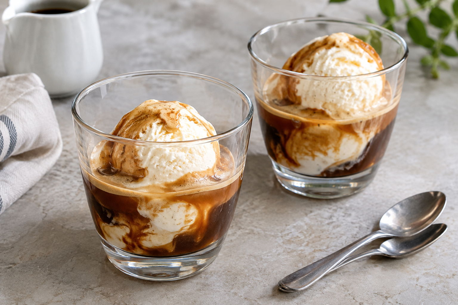 Two affogatos in clear glasses on a table with spoons, finished desserts styled for serving