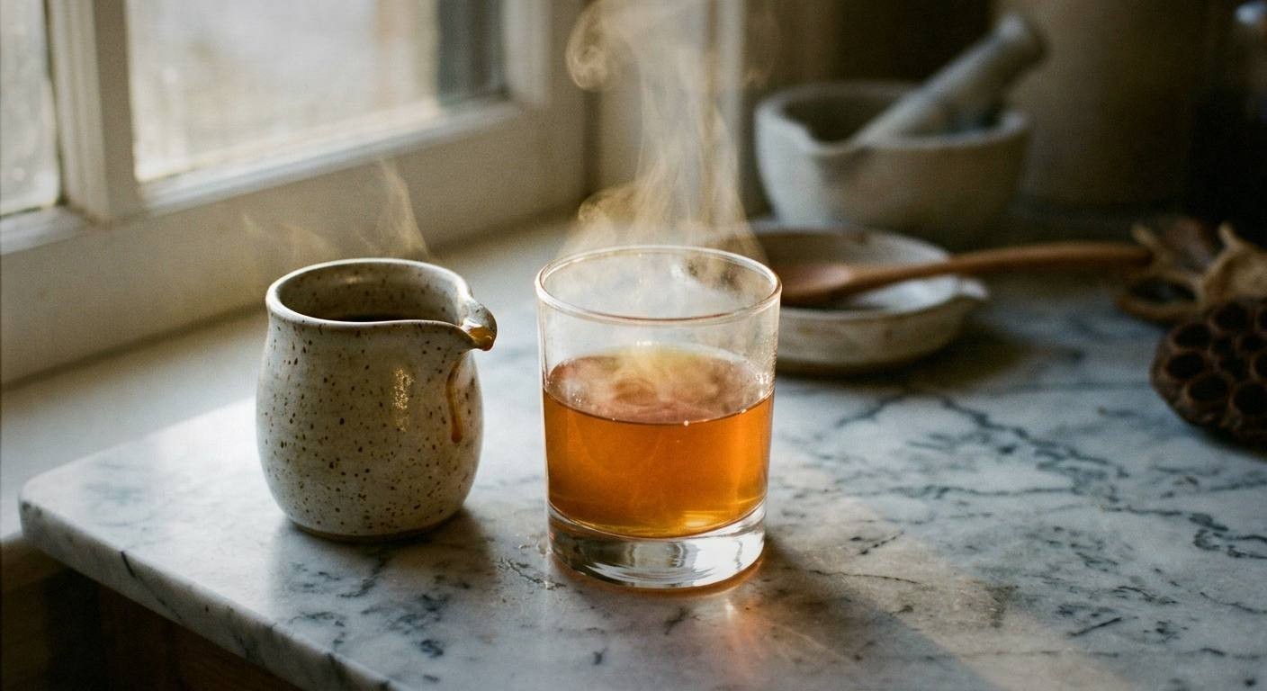 Steeping nettle and elderflower tea in glass teapot with golden liquid and visible dried herbs floating, natural morning light