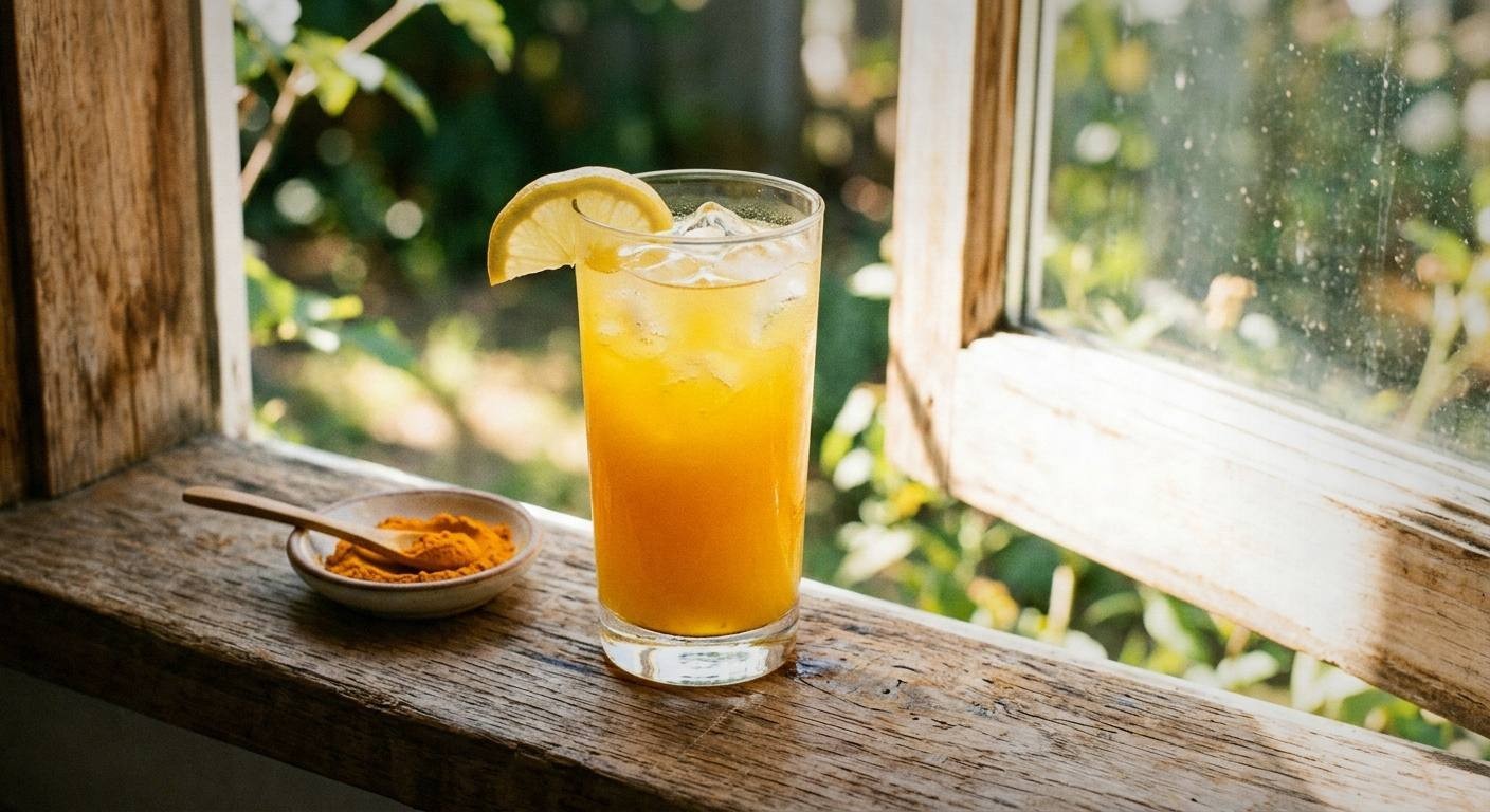 Finished allergy relief herbal drink in clear glass mug with golden yellow color, lemon slice garnish, nettle leaves beside mug on wooden table