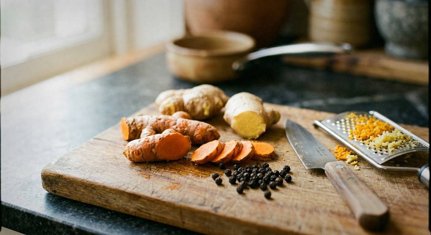 golden turmeric anti-inflammatory morning drink in glass mug with fresh ginger root and black peppercorns on wooden board