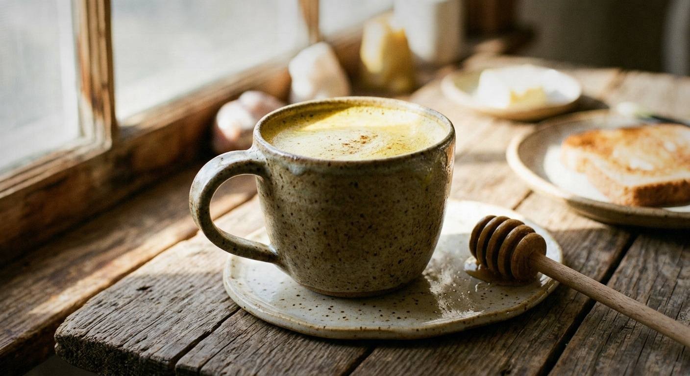 finished golden turmeric anti-inflammatory morning drink in ceramic mug with lemon slice and fresh turmeric root