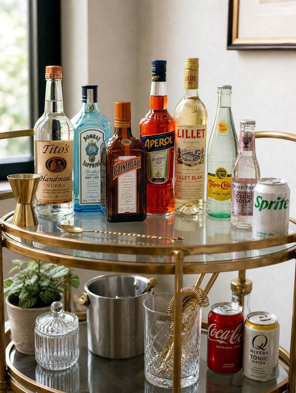 close view of a bar cart lower shelf and a caster wheel with its brake lever engaged on hardwood