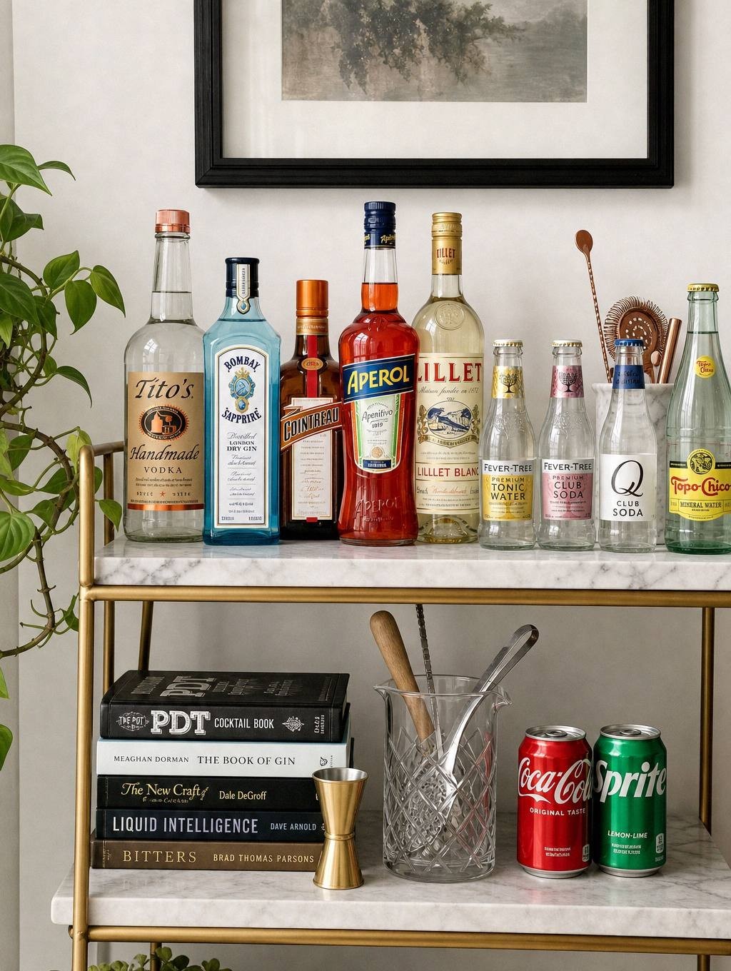 black bar cart with a coffee station of kettle, mugs and bean canisters on top and spirits and glassware below