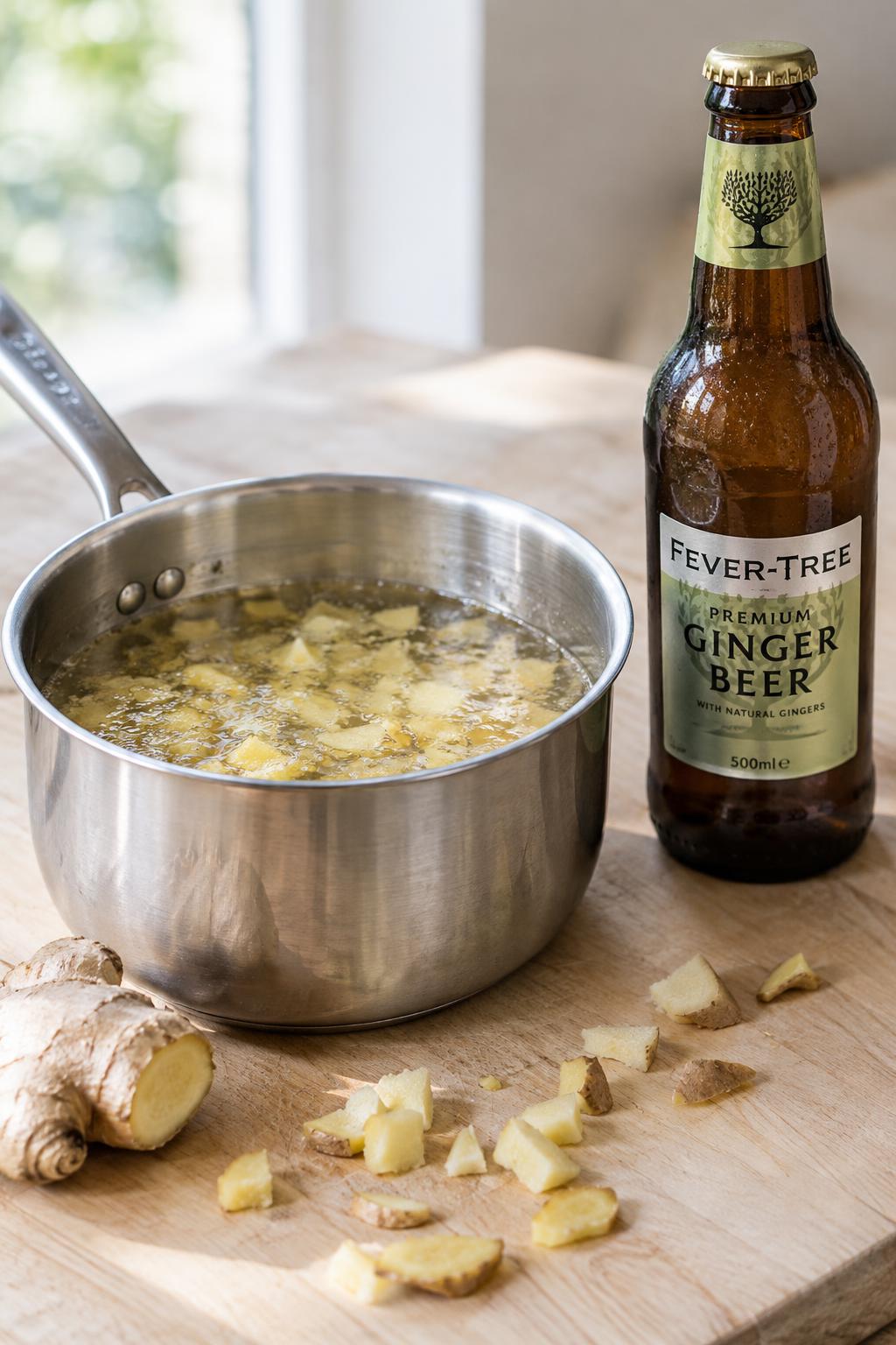 a saucepan of chopped fresh ginger simmering in sugar syrup beside a bottle of ginger beer