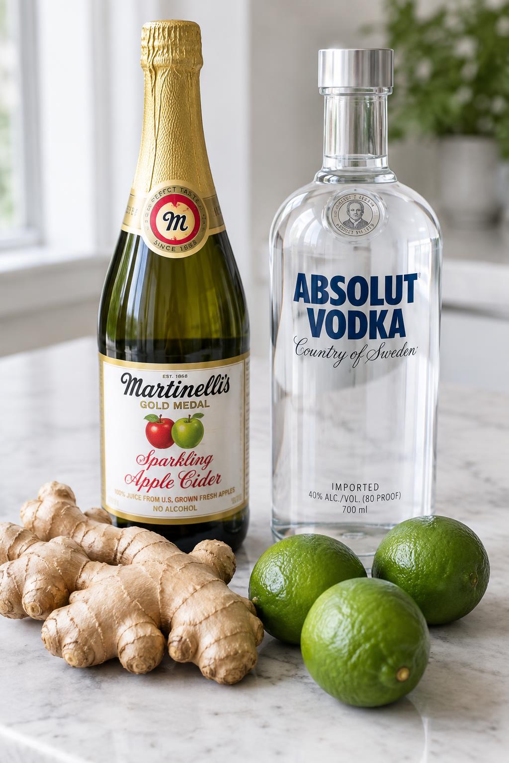 fresh ginger root, limes, a bottle of sparkling apple cider and vodka on a counter