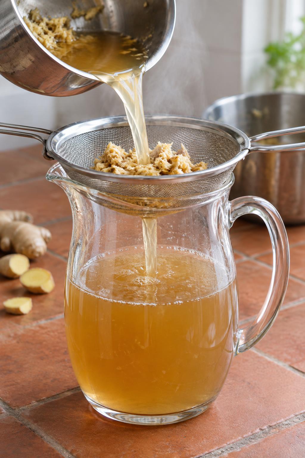ginger syrup being strained through a sieve into a glass pitcher