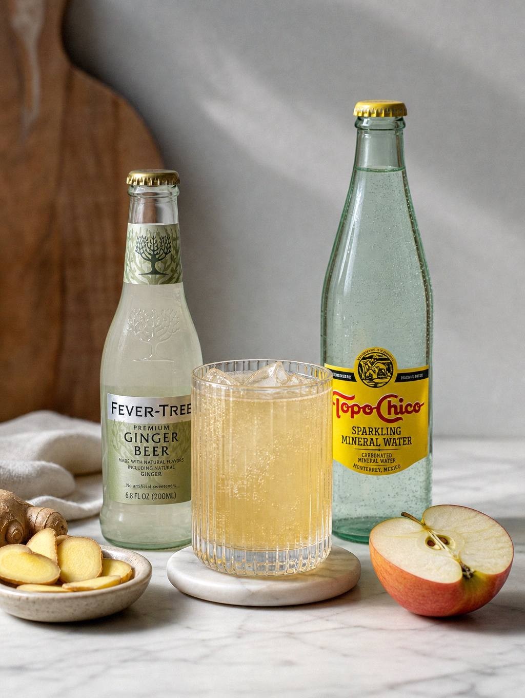 ingredients for apple ginger fizz laid out on counter: apple cider, fresh ginger root, cinnamon, turmeric, black pepper, ginger beer