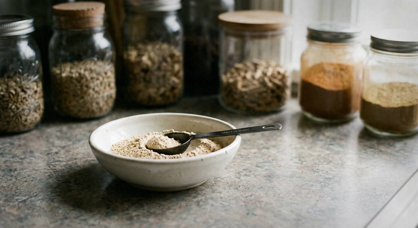 ashwagandha powder and warming spices arranged on wooden board with glass of warm milk for stress relief tonic recipe