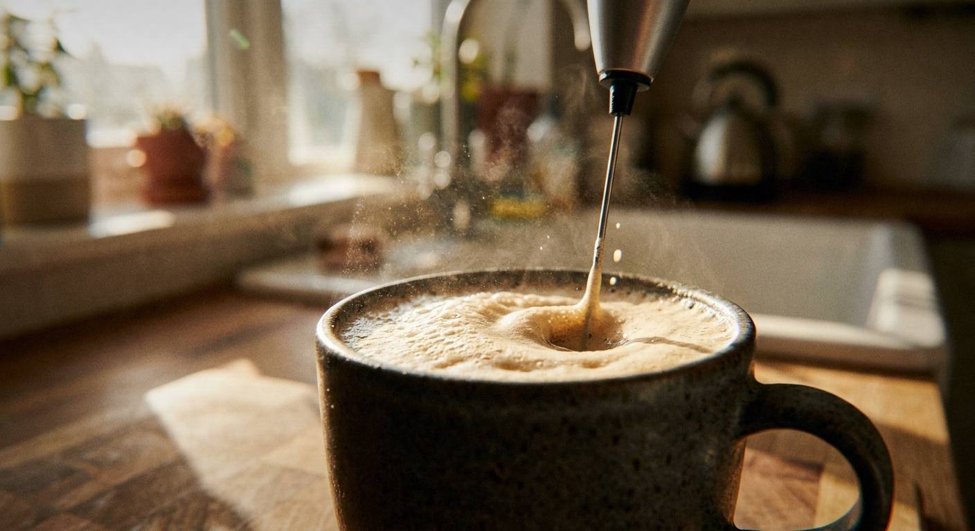 whisking ashwagandha powder into warm milk with spices for homemade adaptogen wellness tonic