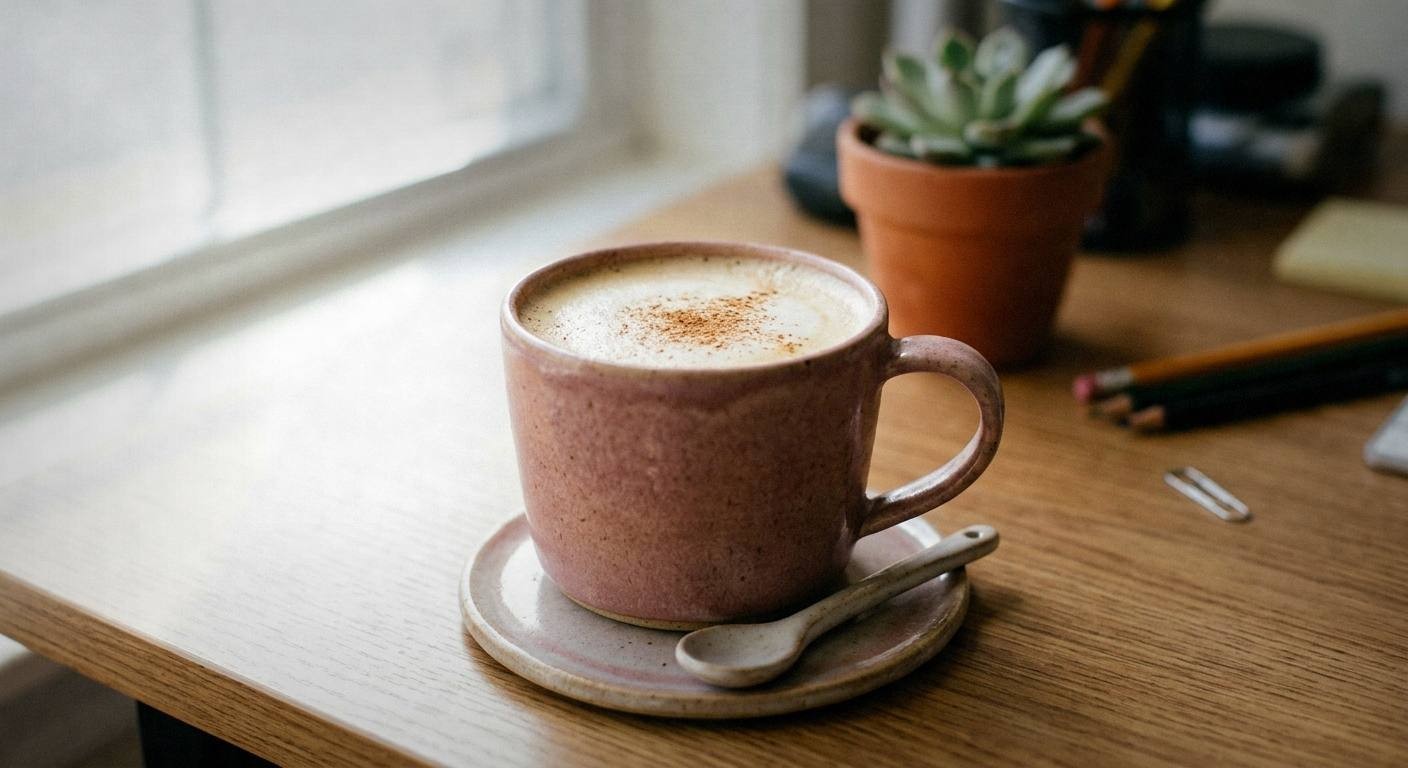 finished ashwagandha drink in ceramic mug with cinnamon stick garnish, warm lighting showing golden adaptogen tonic for energy and stress relief