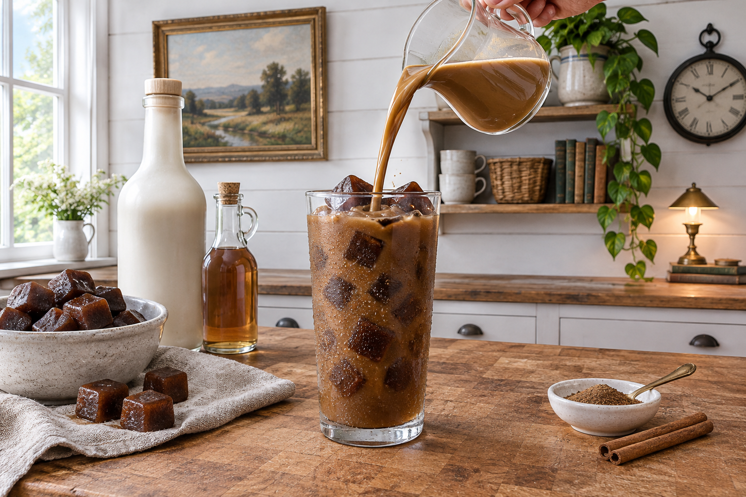pouring baileys and coffee over coffee ice cubes in a glass