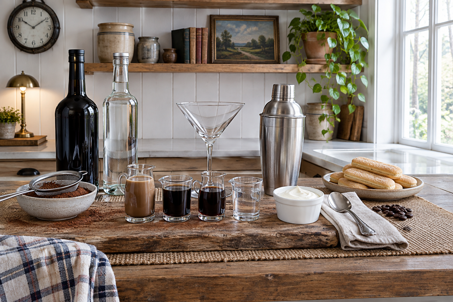ingredients for baileys tiramisu martini measured in small containers on a counter with cocoa powder and ladyfinger biscuits