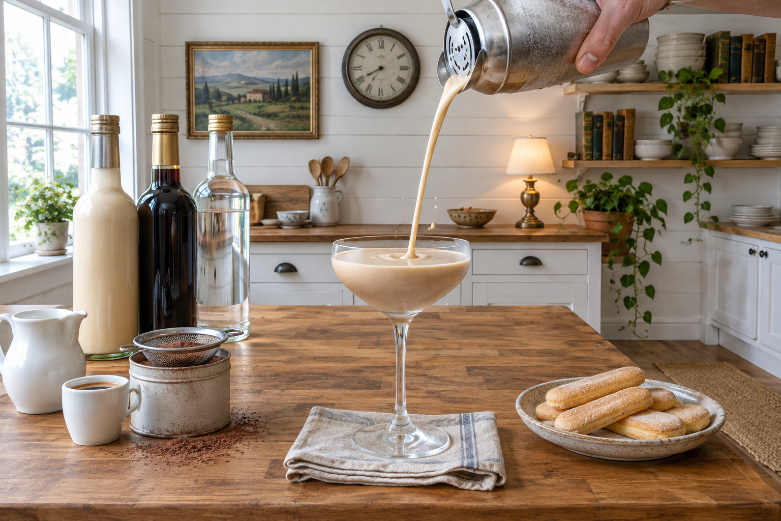 pouring baileys tiramisu martini from a shaker through a strainer into a chilled martini glass