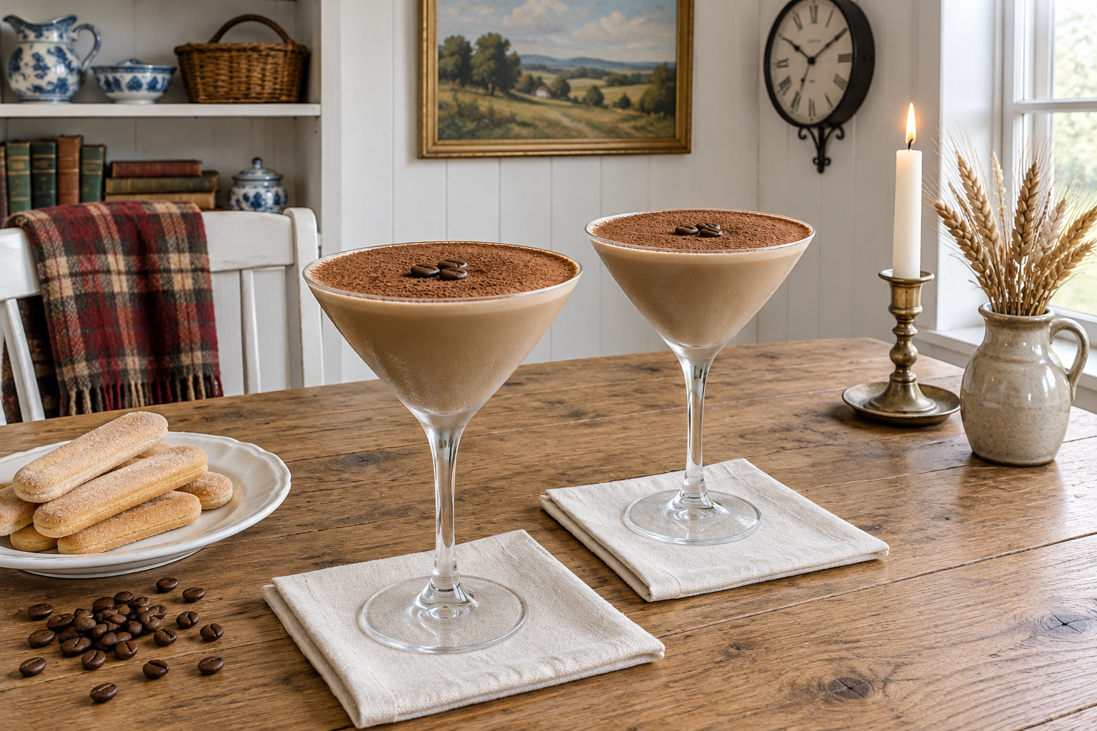 two baileys tiramisu martinis on a table with cocoa powder garnish and ladyfinger biscuits on the rims
