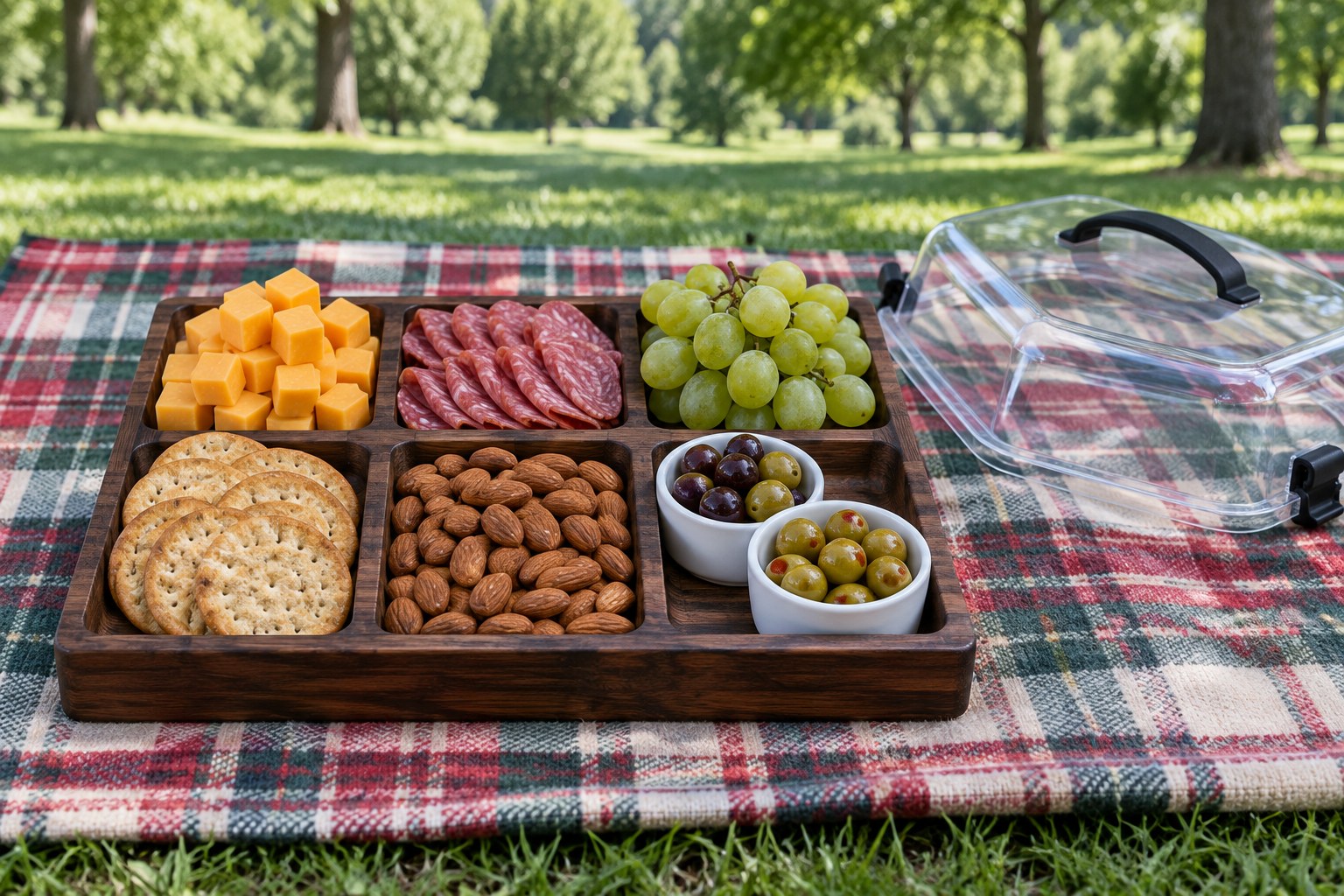 Bamboo charcuterie board with six compartments of cheese, salami, grapes, crackers and almonds beside a clear lid on a picnic blanket