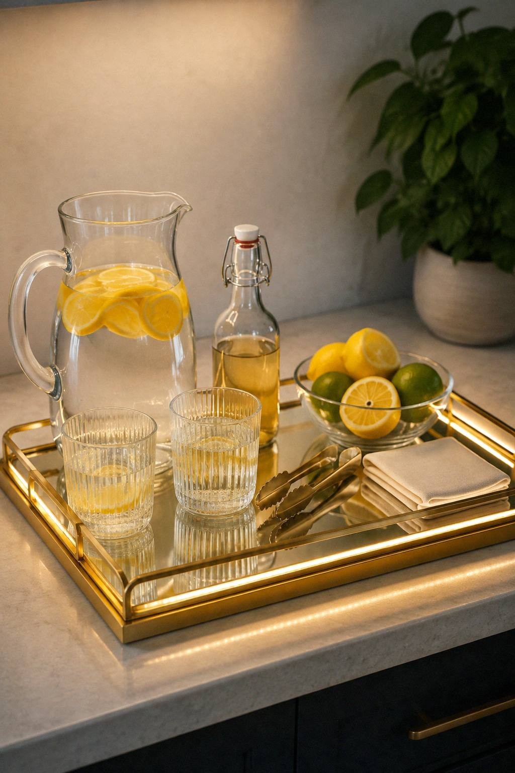 gold handled mirrored tray holding a pitcher, ribbed glasses, syrup bottle, citrus bowl, tongs, and napkins