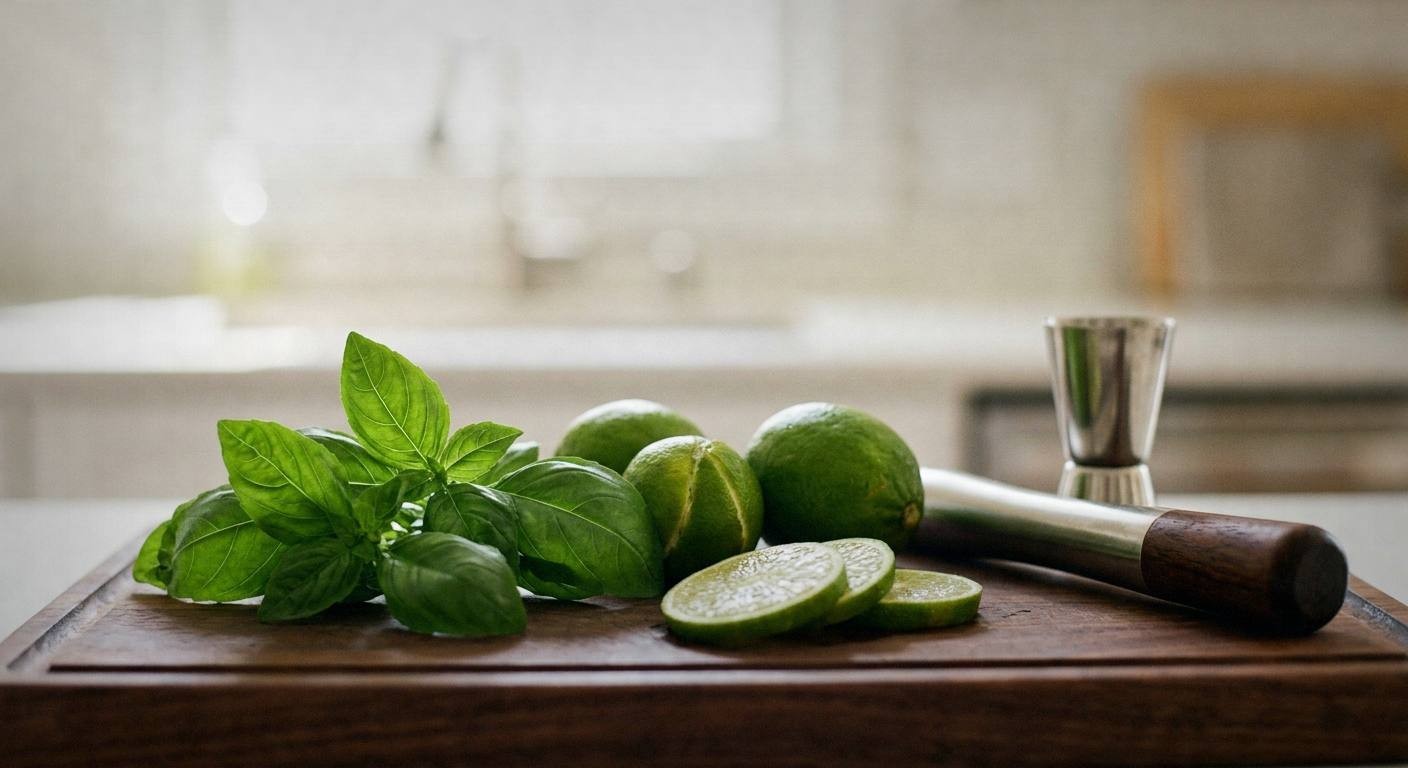 Fresh basil leaves and lime wedges arranged on marble surface next to botanical gin bottle for summer cocktail preparation