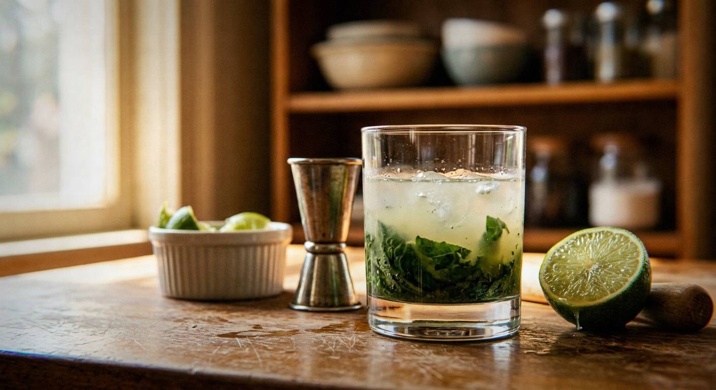 Hands muddling fresh basil leaves with simple syrup in cocktail shaker for herbal gin smash recipe